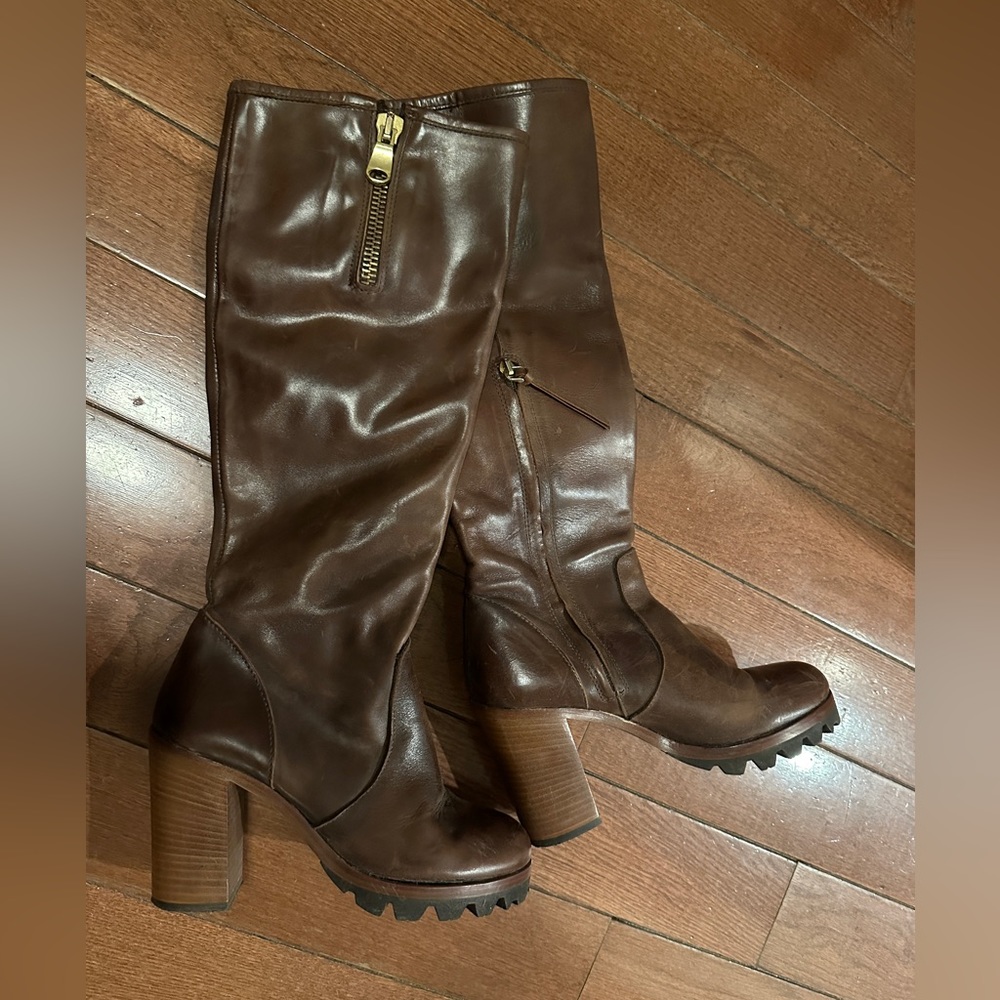 Real leather brown knee high boots